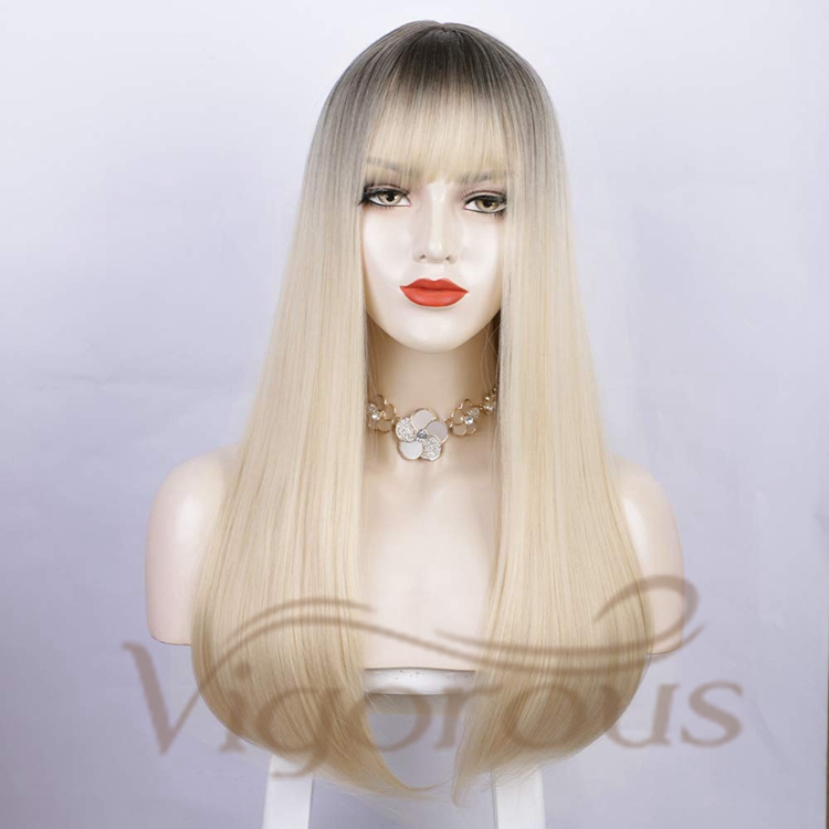 Vigorous High Quality Cheap Price Long Straight Wave Ombre Blonde Dark Root With Neat Bangs For Black Women Synthetic Hair Wigs