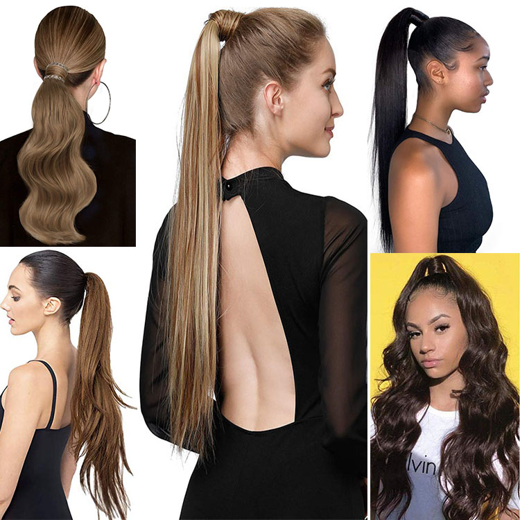 Cheap Ponytails Hair Attachment Long Curl Afro Ponytail Braiding Hair Pieces Yaki Synthetic Fiber Solid And Mix Color