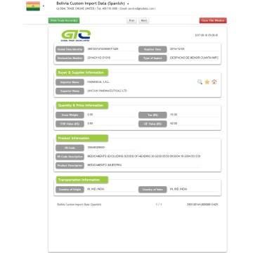 Datos de importación de medicamentos de Bolivia