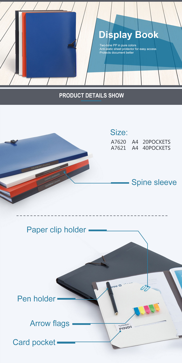 Comix hot selling A4 20 40 pockets clear pp plastic elastic closure for multifunctional display book