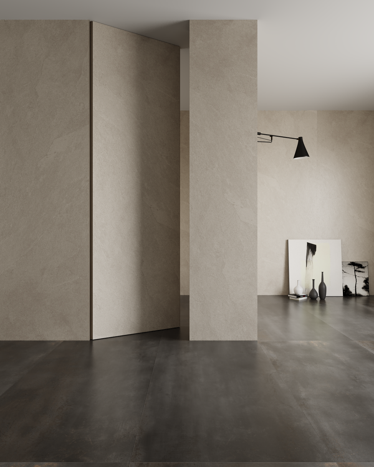 Porta articulada sem moldura aberta com integração perfeita na parede