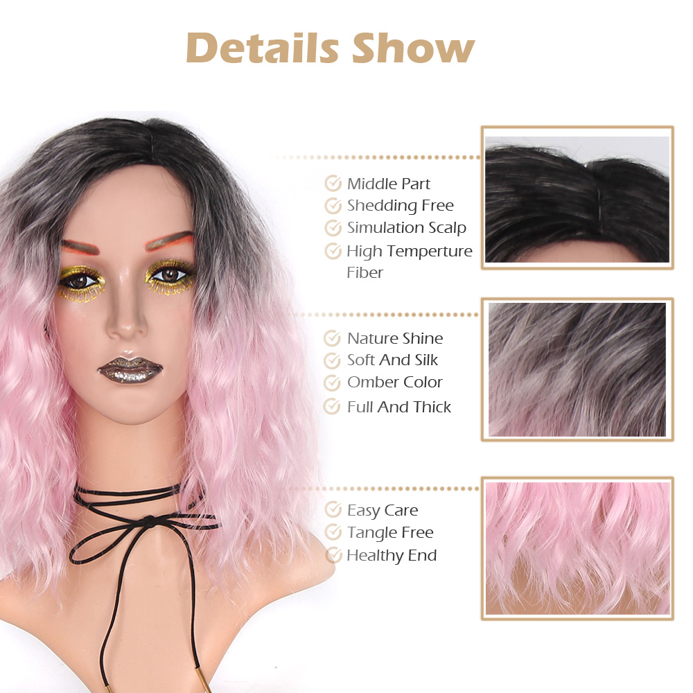 Vigorous 14 Inch Curly Wave Short Bob Wigs Ombre Light Pink Synthetic Cosplay Pastel Wig for Girl Costume Christmas Party