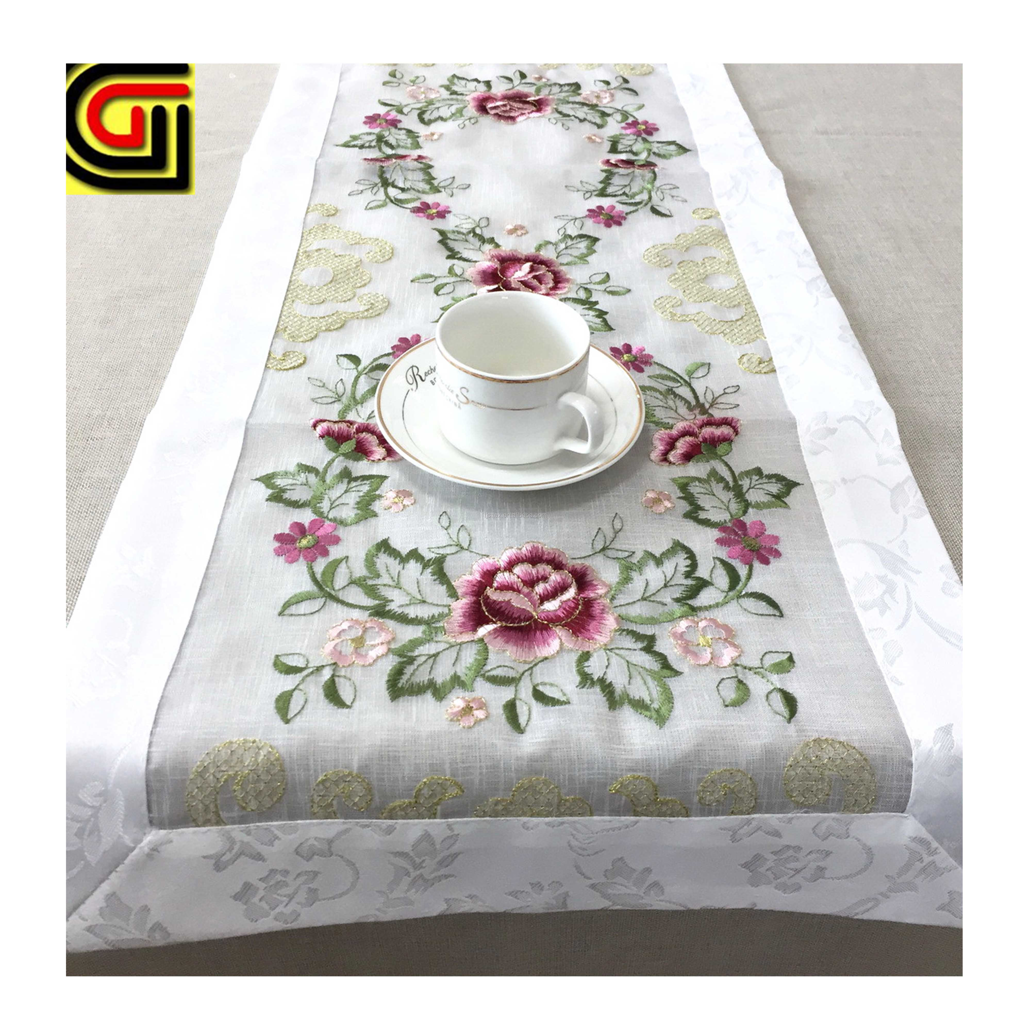 White Embroidery rose organza table cloth table runner