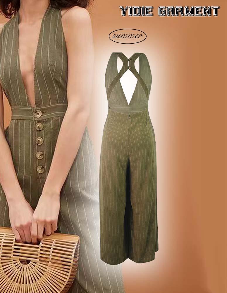 Sexy Deep V Ladies Backless Striped Jumpsuit