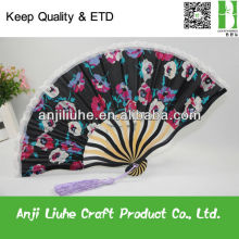 Hand Made Curve Ribs Cloth Bamboo Fan With Lace