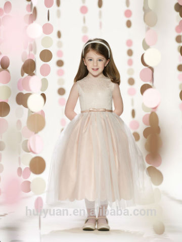 2 colors round neck satin sequins beaded long kids dresses