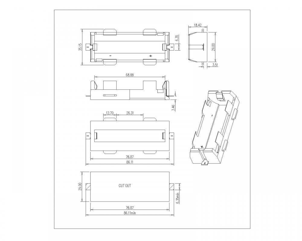 BBC-M-G0-A-106 Single Battery Holder för 26650 SMT