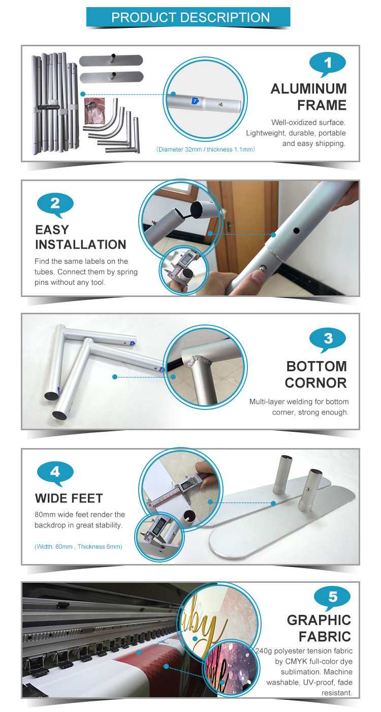 Leverans inom 24 timmar och utmärkt service aluminium spänning tyg bakgrund för fotobooth bakgrundsfotografering