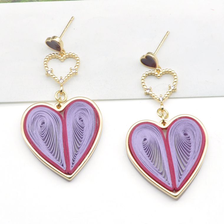 Newest design china fold paper art ear jewelry for women stylish gold heart earrings