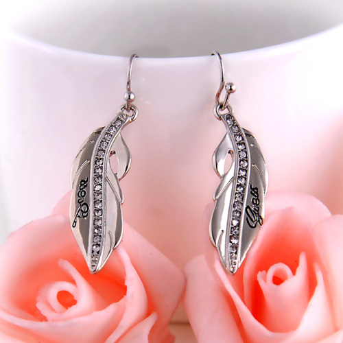 Rhinestone Alloy Feather Earrings With Words Silver Earrings