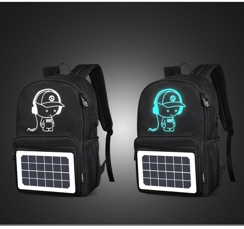 Backpack mặt trời chống nước ngoài trời chống trộm da đen với bộ sạc USB với bộ sạc USB