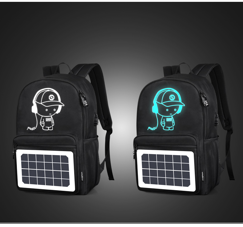 Black Anti-Theft Outdoor Water Luminous Logo Logo Surya Panel Backpack Dengan USB Charger