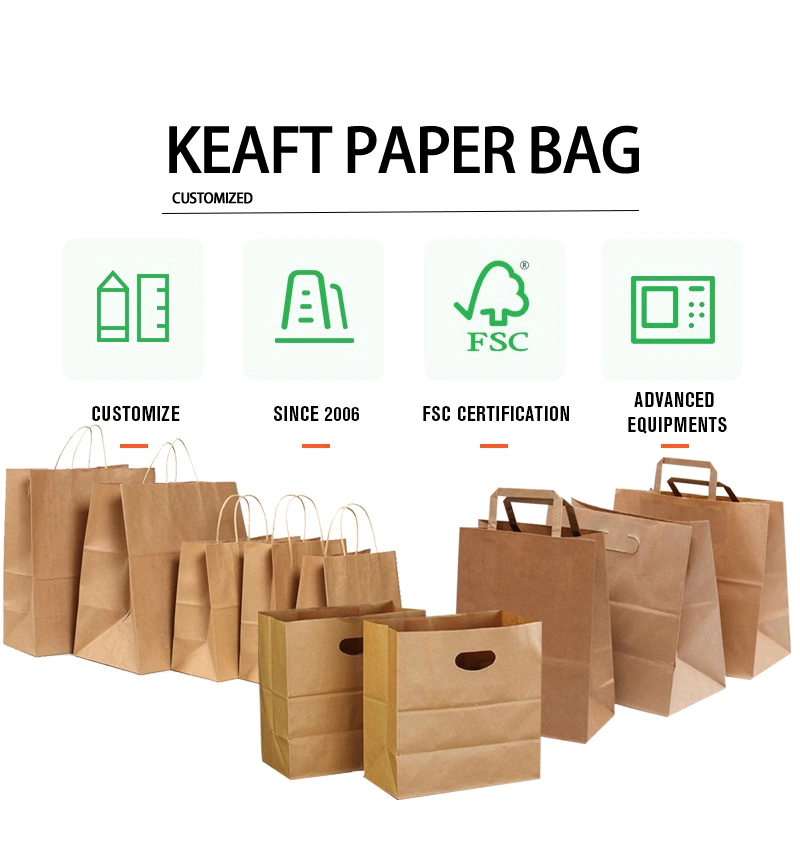 Recycled Fast Food Bread Take Away Shopping Packaging Bag Brown Kraft with Die Cut Handle