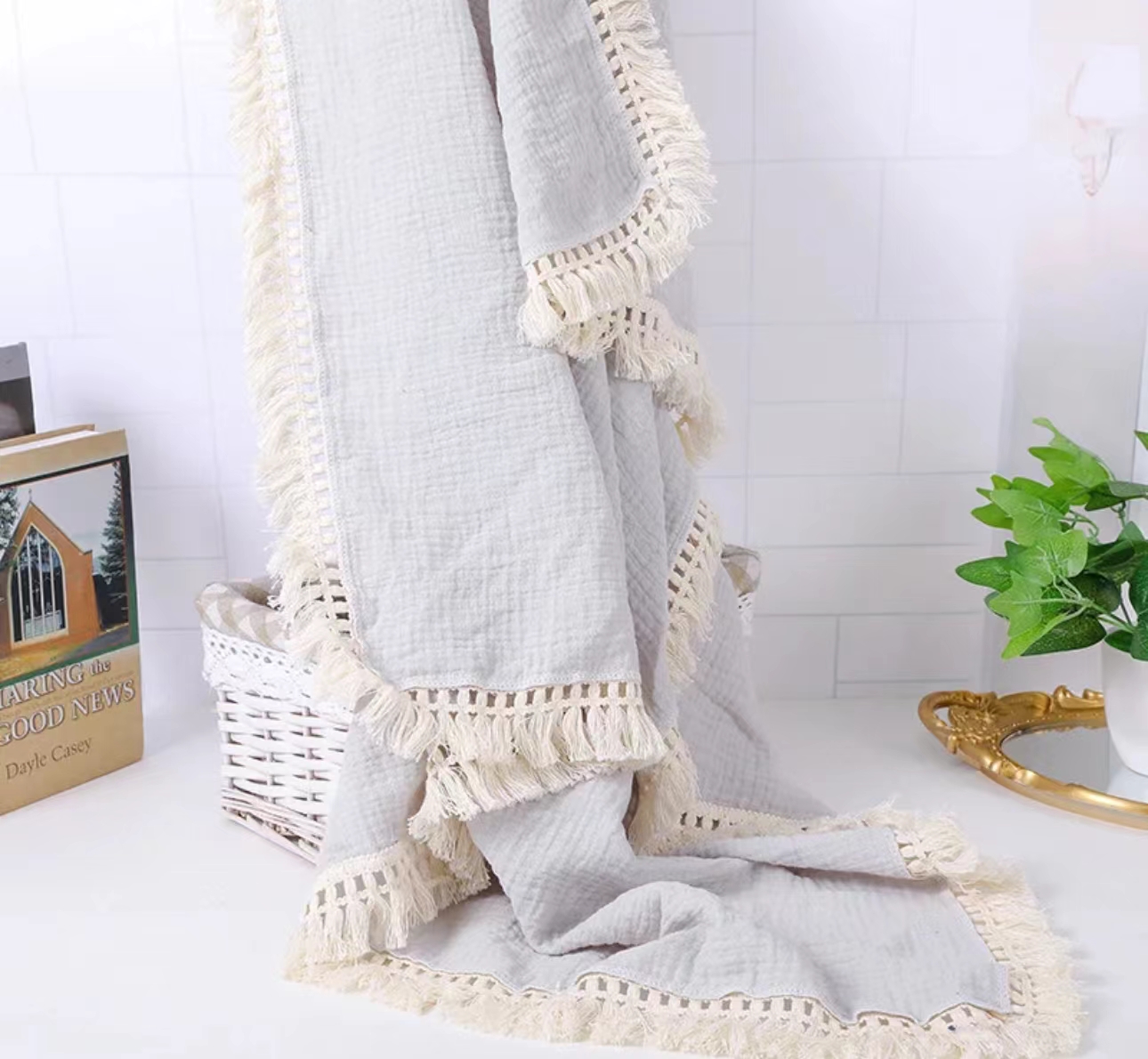 100 pamuklu saçaklı bebek battaniye açık mavi 100 Cotton Fringed Baby Blanket Light Blue