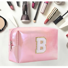 Eco-Friendly PU Glitter Patch Large Capacity Waterproof Toiletry Bag with Alphabet Embroidery