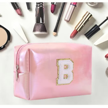 Eco-Friendly PU Glitter Patch Large Capacity Waterproof Toiletry Bag with Alphabet Embroidery