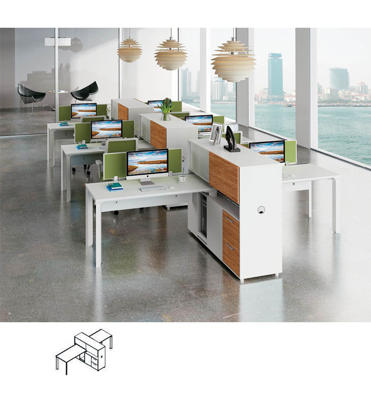 White Melamine Office Desk Workstation with Long Side Cabinet