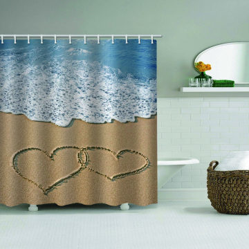 Seestrand mit zwei Liebesherzen Wasserdichter Duschvorhang Ozean Romantisches Badezimmer Dekor
