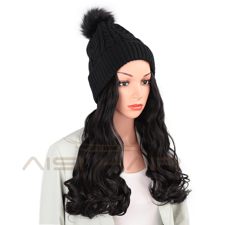 Aisi Hair Synthetic Nature Black Long Wavy Body Wave Cap Hair Heat Resistant Fiber Hair Extension With Cap For Black White Women