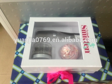 glossy laminated white cardboard box for cupcakes and bottles with ribbons packaging