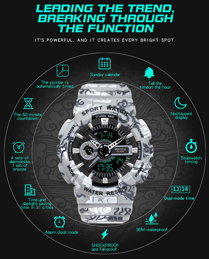 Sanda 3105 Newest Men Dual Display Watches Alarm LED Digital Waterproof Electronic Shock Watch