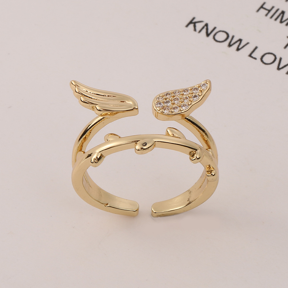 Individuality creative jewelry 18k gold plated feather wings open ring adjustable fashion ring accessories women