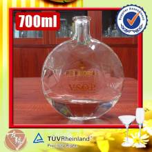 Polished luxury crystal super flint glass flat round heavy weight VSOP brandy 700 ml glass bottles brandy