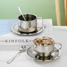 Double Walled Insulated Stainless Steel Espresso Coffee Mugs with Saucers and Spoons