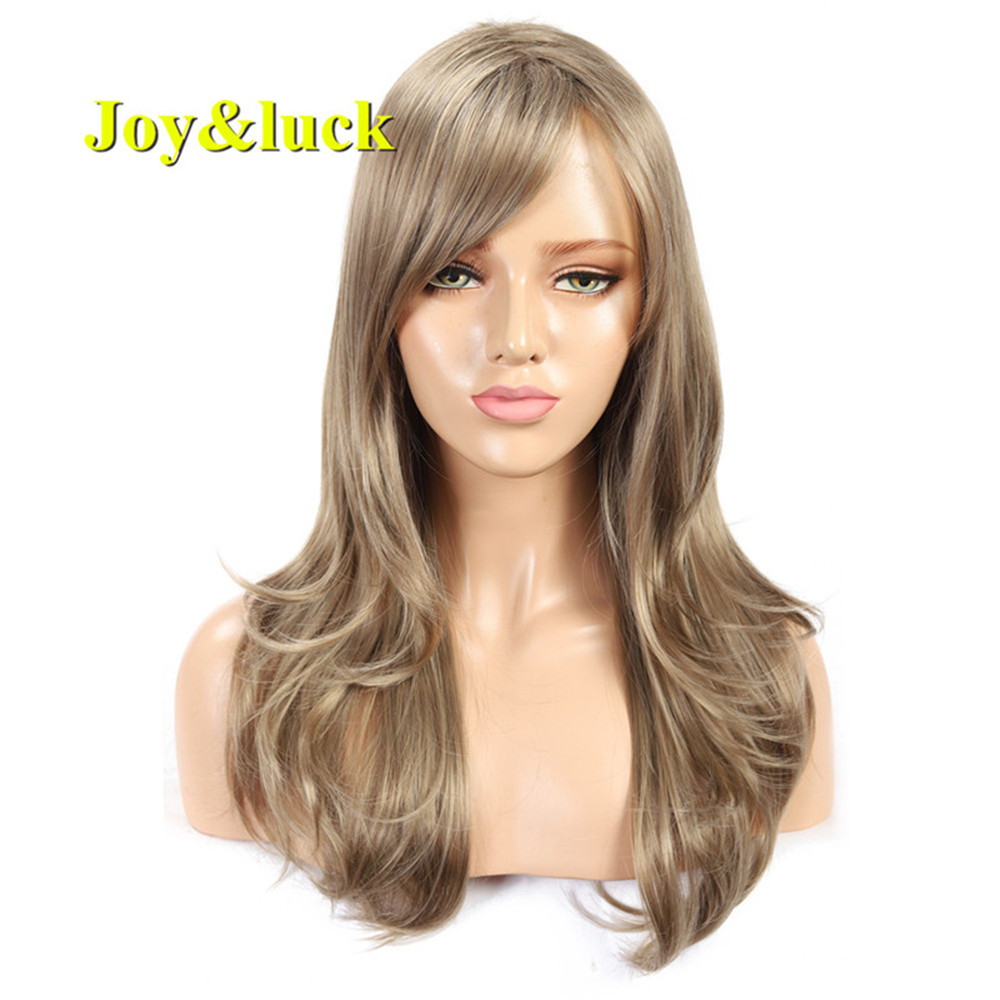 Wholesale Price Long Blonde Mix Brown Color Party Natural Wave Wigs for Women With Bangs Cosplay Wig Style Synthetic Hair Wigs