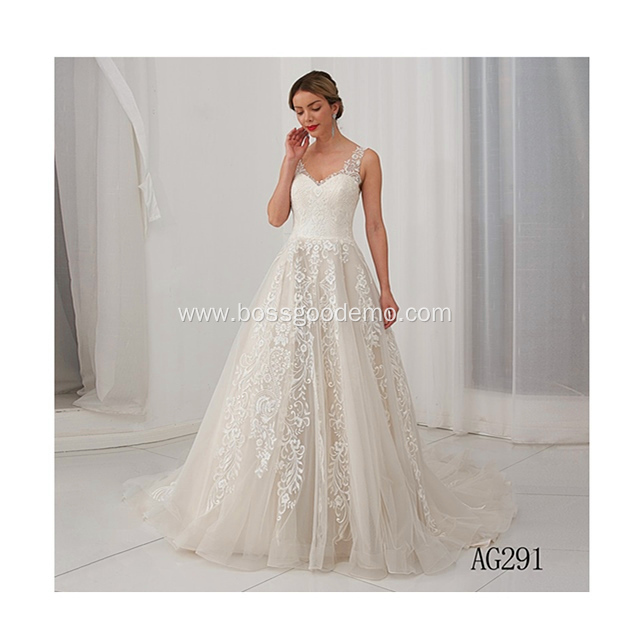 Fashion Lace Embroidered Bride Gown Bondage Low Back White gaun pengantin wedding dress white