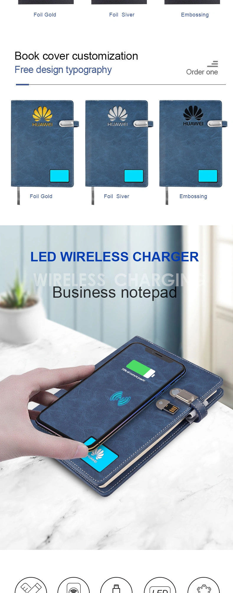 2021 New Leather Diary Wireless LED Logo Notebook with Powerbank and USB