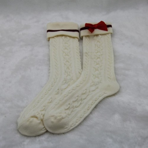 WSP-289 Bowknot White Turn Over Knee High Women Socks/White Open Work Women Socks