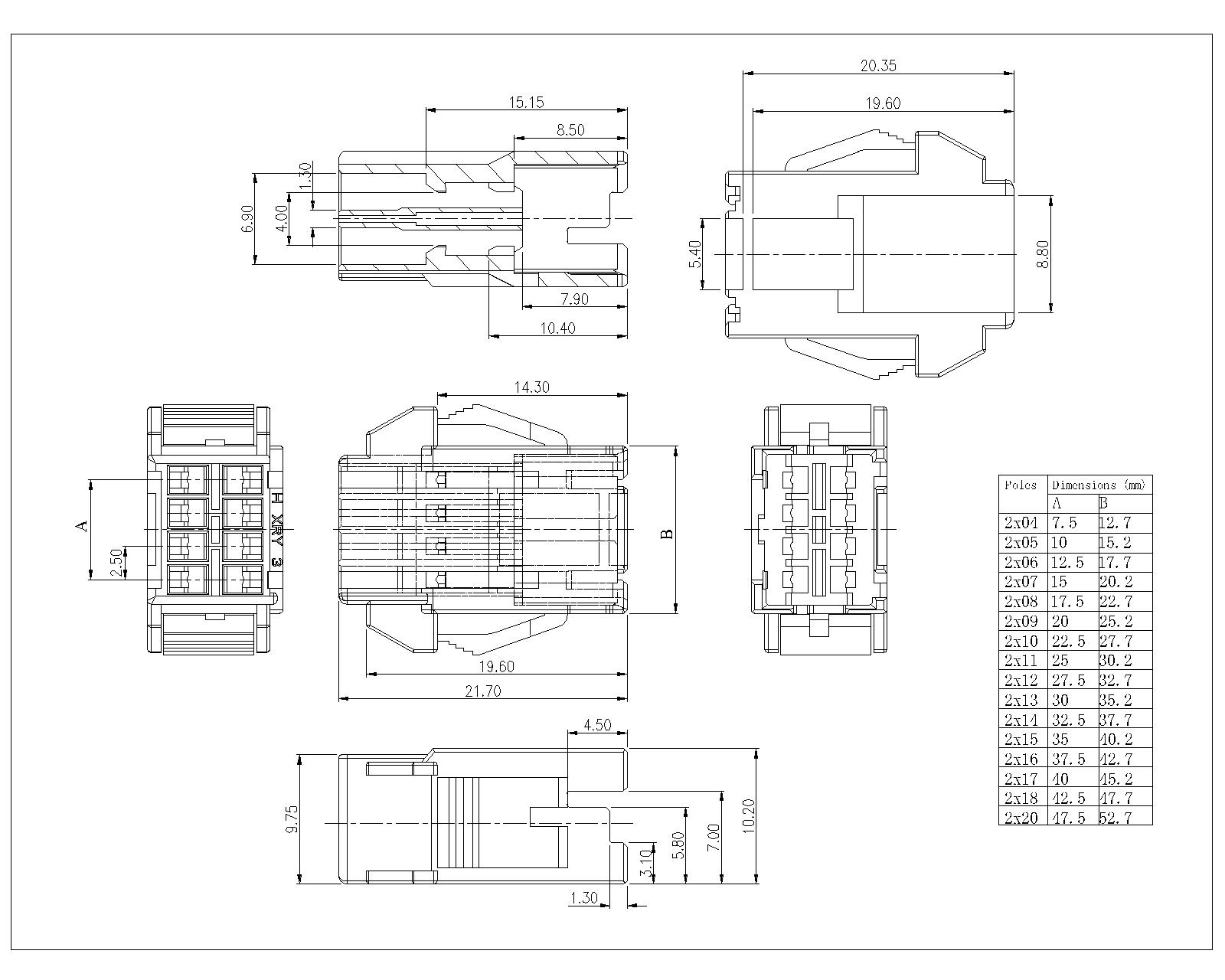 AH2508V-F-2xXP-XX-01 2.5mm Pitch Female Dual row Housing Connector