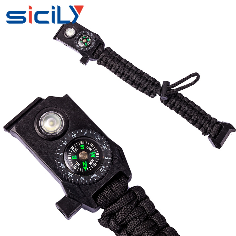 Wholesale woven paracord survival bracelet with fire starter buckle led