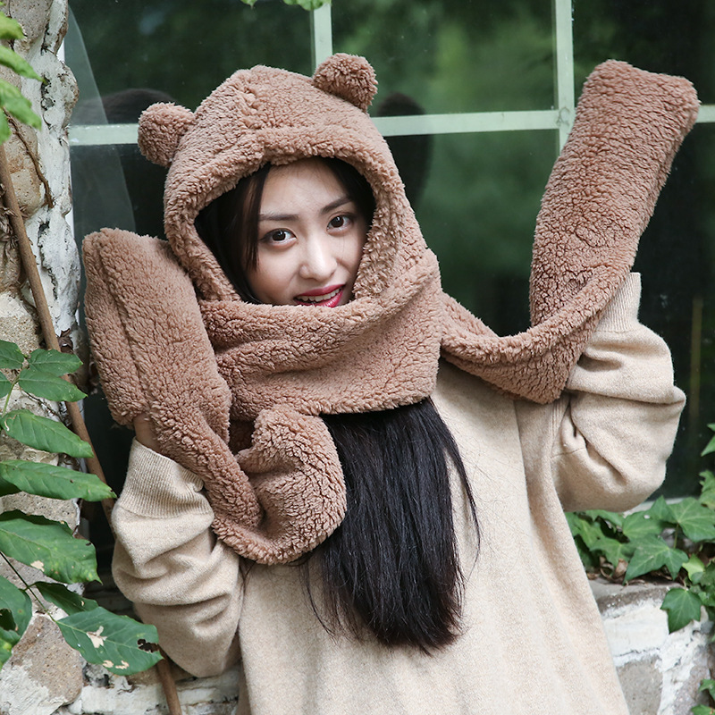 Bear Hat Winter All-matching Korean Cute Plush Scarf One-piece Hat Three-piece Suit