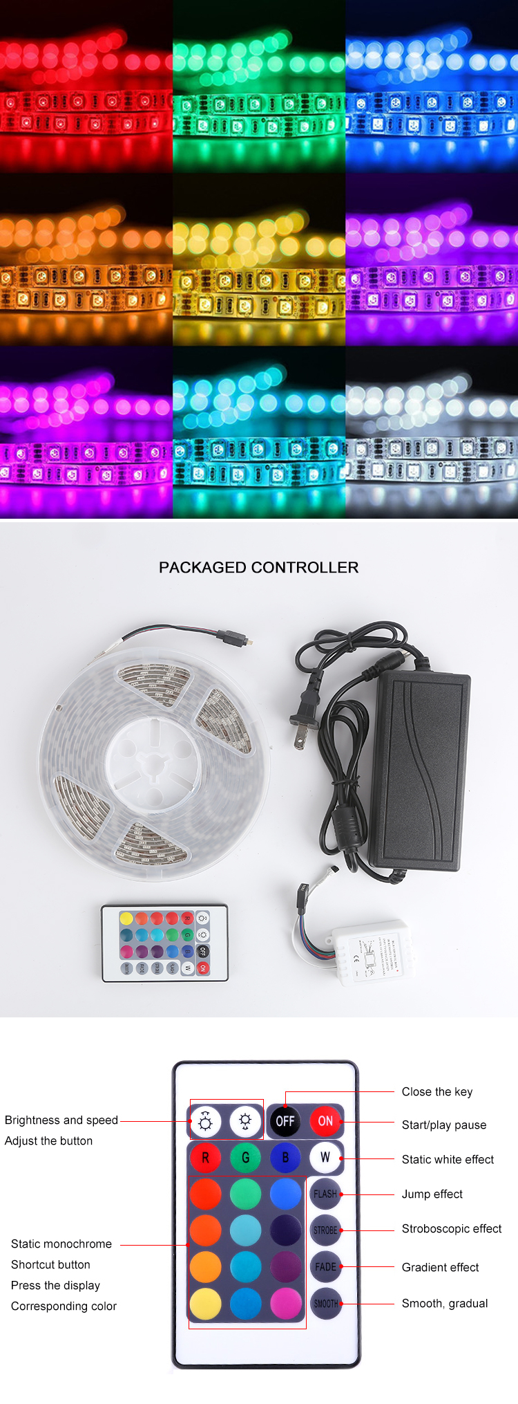 OKELI Hot Selling High Quality 5050-60 LED 12V 24V Set Remote And 3A Adaptor RGB Waterproof LED Strip Light