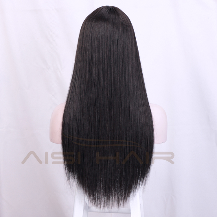Aisi Hair Top Quality 24 Inch Long Silky Straight Black Lace Wig With Bangs Cheap Synthetic Hair Lace Front Wigs For Women