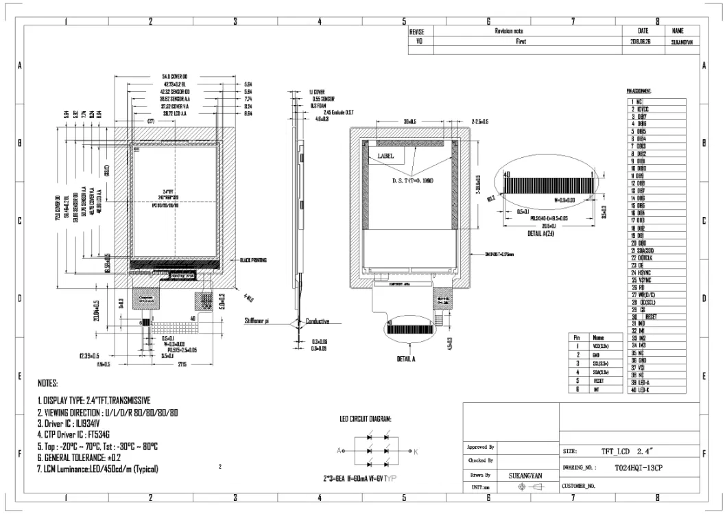 Ronen 2.4 Inch TFT LCD Screen 240X320 Display with Capacitive Touch