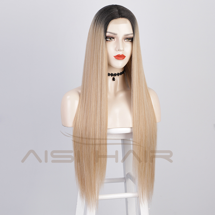 Aisi Hair 26 Inch Long Ombre Blonde Dark Root Lace Wig Cheap Silky Straight Synthetic Hair Lace Front Wigs For Black Women