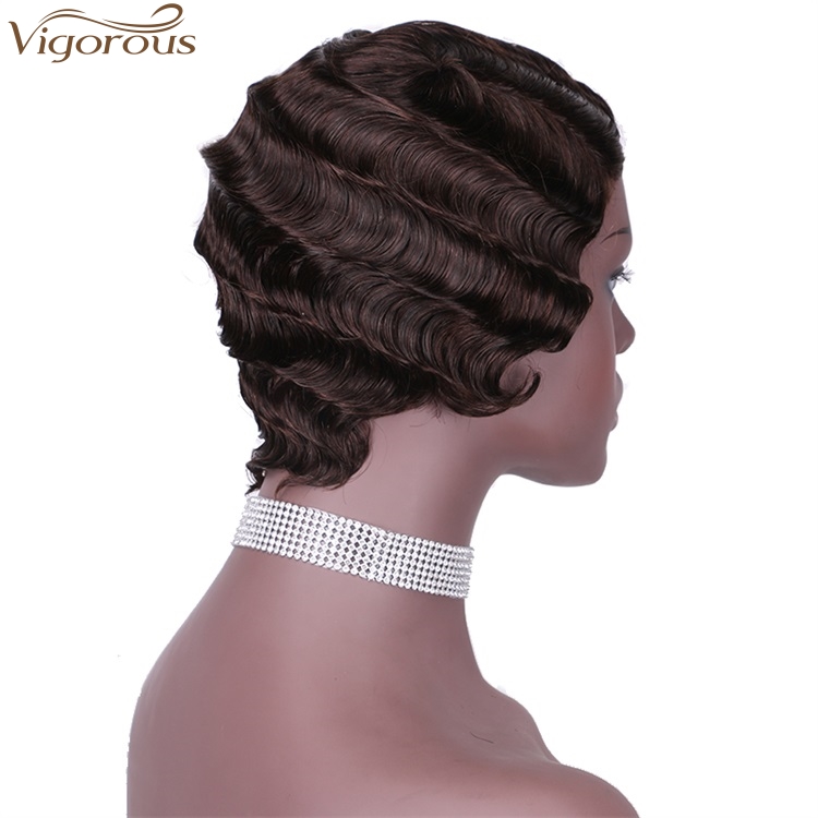 Vigorous Wholesale Price Top Quality Real Human Hair Finger Wave Wig Pixie Cut 4# Short Curly Wigs for African American Women