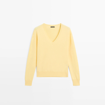 Women's soft and creamy yellow deep V-neck wool knitted sweater