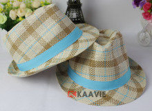 children kids boys paper straw checked plaid Fedora hat with blue band