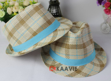 children kids boys paper straw checked plaid Fedora hat with blue band
