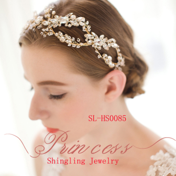 Luxury Handmade Crystal Pearls Gold Wedding Tiara Bridal Crown Headpiece