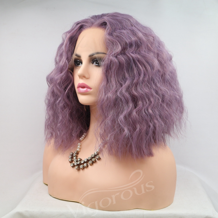 Vigorous mono bob purple premium high quality kinky curly short wholesale black women synthetic hair wigs with lace front
