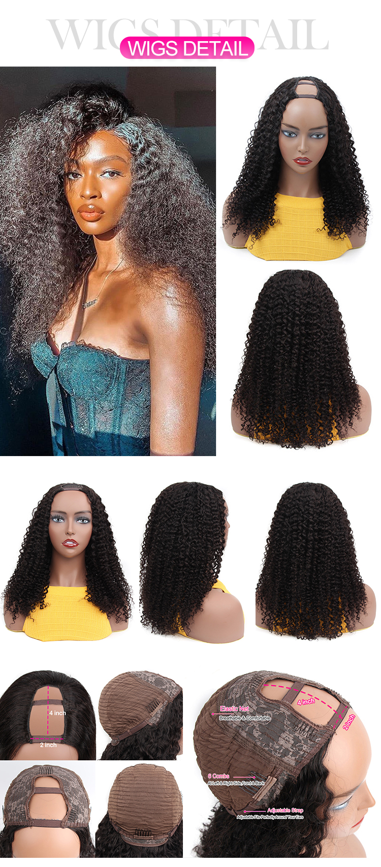 ISEE HAIR Factory Direct New Arrival Wholesale Kinky Curly Clip In Hair Human Cambodian With Front U Part Lace Wig