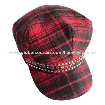 Black/red plaid captain cap with studs trim