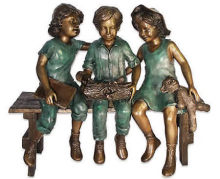 large outdoor sculptures metal craft bronze kids sitting on a bench for garden