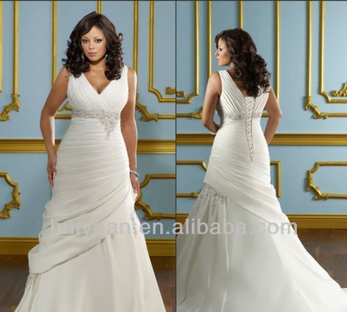 White Deep V Neck Taffeta Wedding Dresses For Fat Woman