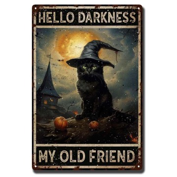 Vintage Witch Cat Metal Tin Sign - Salem Sanctuary Wall Decor